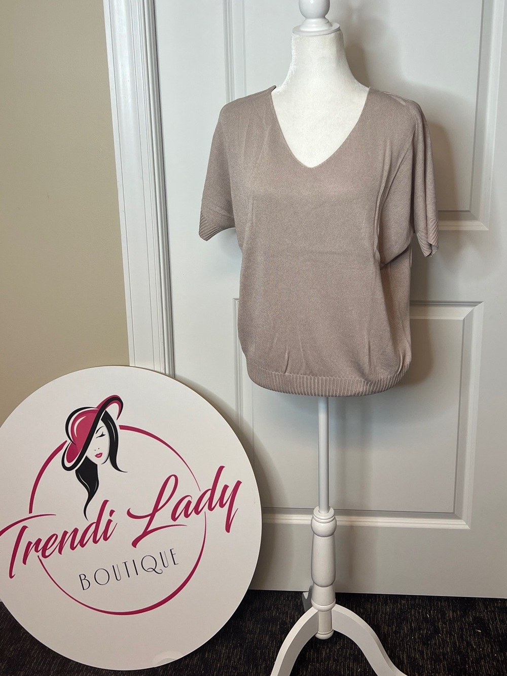 Trendi Lady Short Sleeve V-Neck Sweater in Taupe